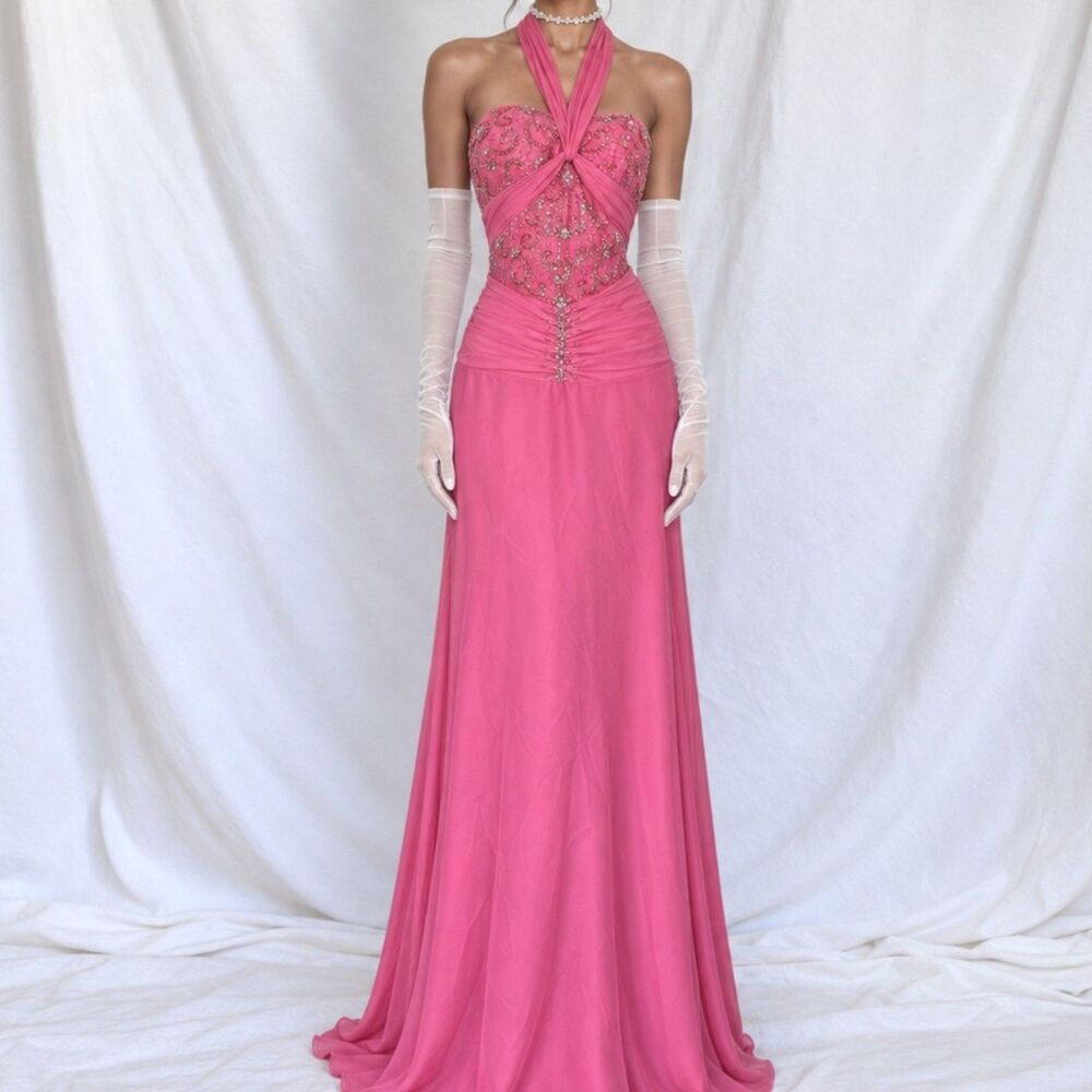 Vintage Y2K Barbie Pink Beaded Sequin Halter Flared Maxi Prom Gown Dress Size M